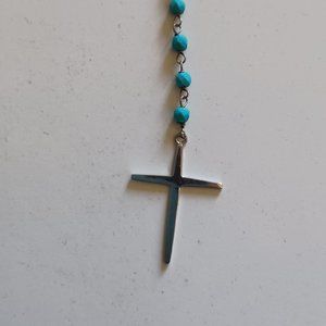 GM 925 Silver Cross Necklace Simple design Turquoise color Beads 12 inches long